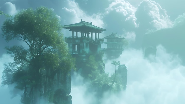 Un straordinario rendering 3D etereo con un magnifico tempio galleggiante avvolto da nuvole ondulate che irradiano fascino mistico questa immagine accattivante trasporta gli spettatori in un regno di ench