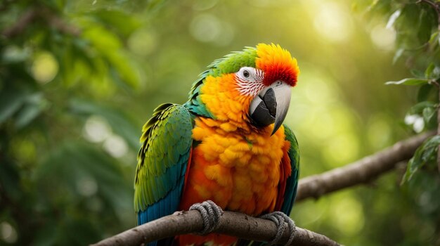 Un stupendo pappagallo seduto su un ramo con foglie e fiori sullo sfondo naturale