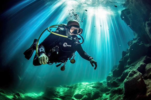 Un sub sta nuotando sott'acqua con la parola scuba sul fondo.