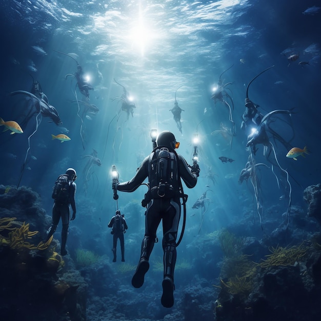 un subacqueo che nuota sotto una barriera corallina con subacquei che nuotano sullo sfondo.