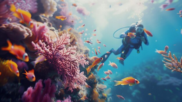 Un subacqueo esplora una vibrante barriera corallina piena di pesci esotici