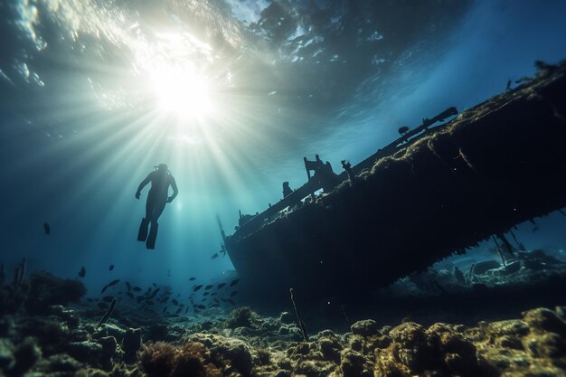 Un subacqueo libero che esplora un naufragio