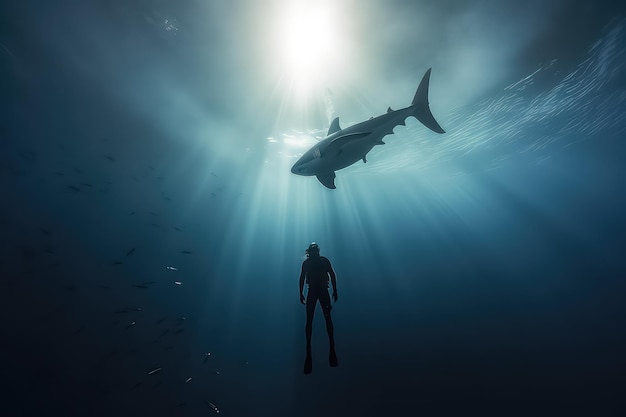 Un subacqueo nuota con uno squalo alle Maldive nelle profondità dell'oceano AI