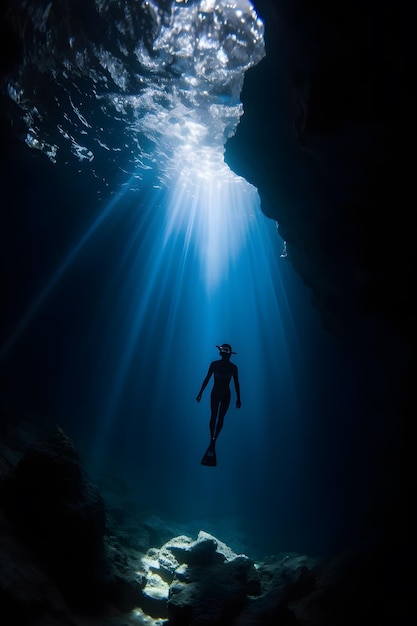 Un subacqueo nuota in una grotta con il sole che splende sull'acqua.