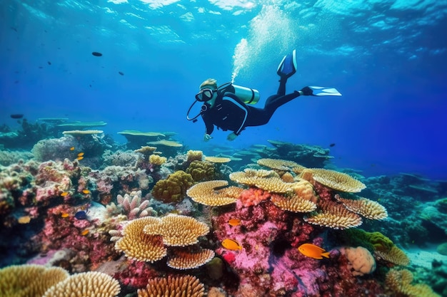 Un subacqueo nuota sopra una barriera corallina nel Mar Rosso.