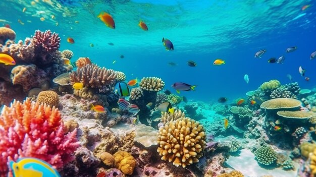 Un subacqueo nuota tra coralli e pesci nel Mar Rosso.