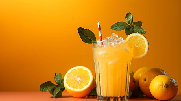 Un succo di limonata freddo con paglia in un bicchiere su sfondo arancione