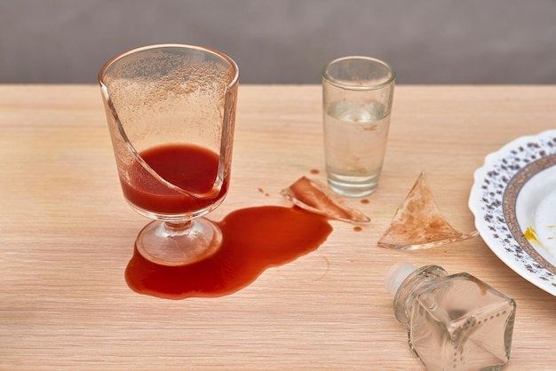 Un succo di pomodoro rosso di vetro rotto si è rovesciato sul tavolo accanto a una bottiglia di vodka