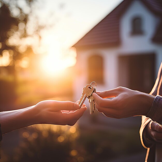 Un super primo piano di mani che tengono le chiavi della casa concetto di acquisto di casa