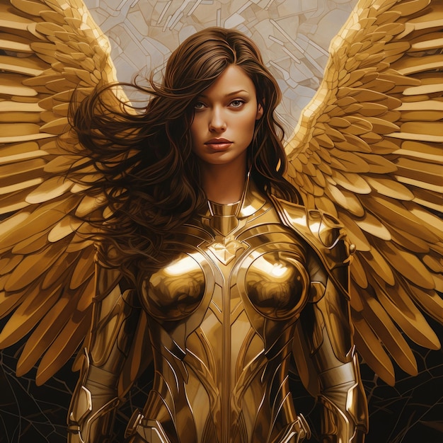 Un supereroe femminile in armatura con ali d'angelo