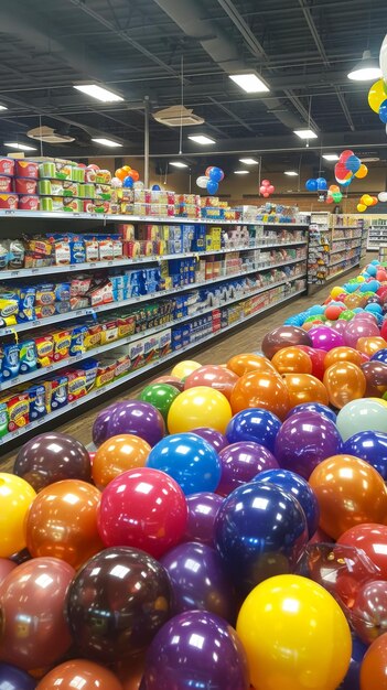 un supermercato completamente pieno dal pavimento al soffitto di palloncini colorati