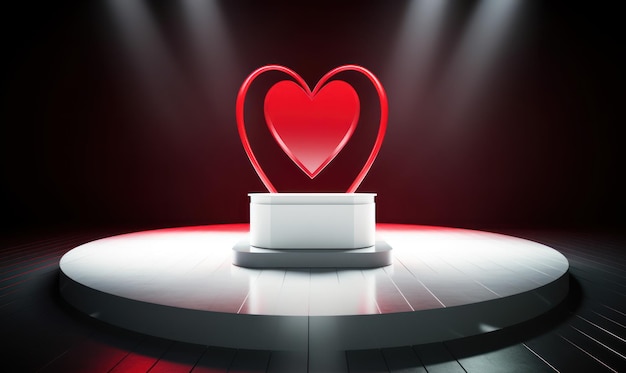 Un supporto a forma di cuore rosso su un palco con sopra un cuore rosso.