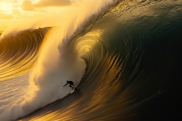 Un surfista cavalca un'onda con un tramonto alle spalle