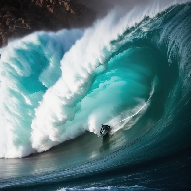 Un surfista cavalca un'onda con una grande onda dietro di lui.