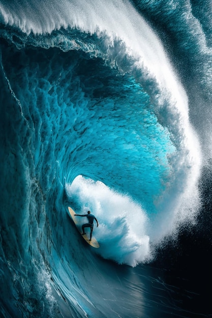 Un surfista cavalca un'onda in un'onda blu