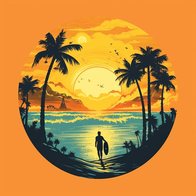 Un surfista che cammina sulla spiaggia con le palme sullo sfondo.