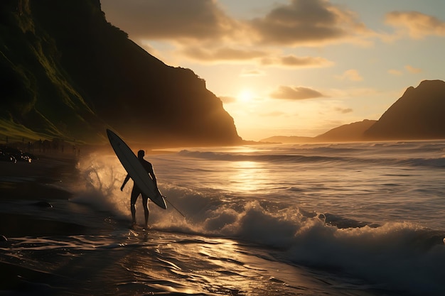 Un surfista che pagaia per catturare le ultime onde del giorno