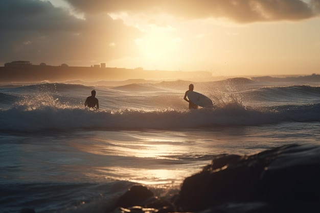 Un surfista in acqua al tramonto