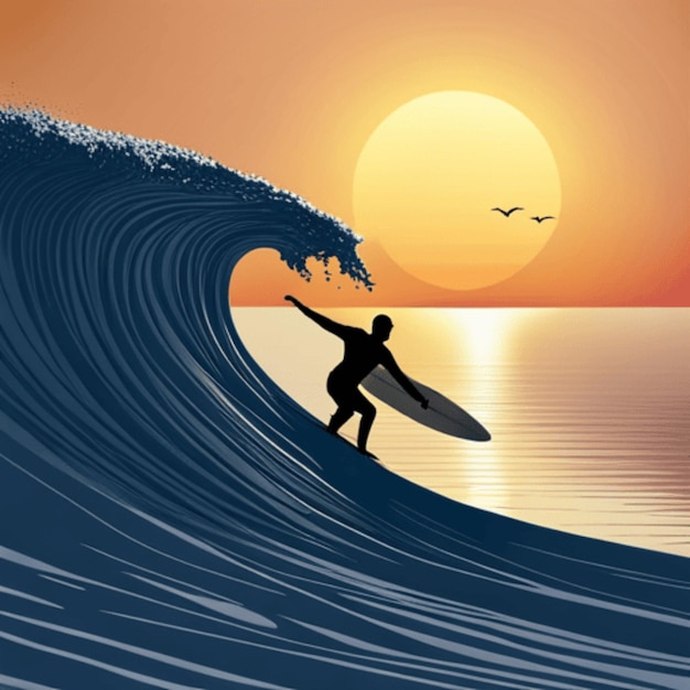 Un surfista solitario che cavalca un'enorme onda con il sole che tramonta dietro di loro che proietta un bagliore dorato