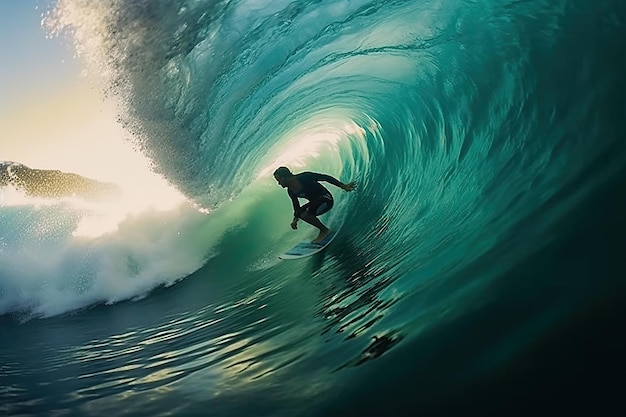 Un surfista sta cavalcando un'onda blu e verde.