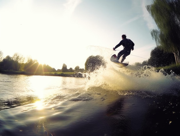 Un surfista sta cavalcando un'onda in una giornata di sole