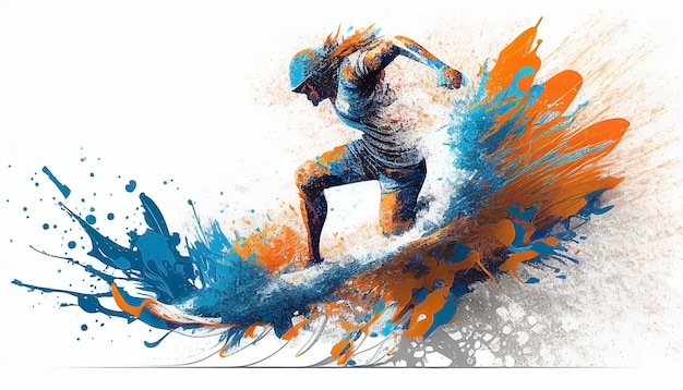 Un surfista su una tavola da surf con una spruzzata di vernice.