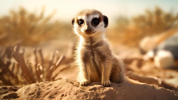 un suricata si siede su una roccia nel deserto.
