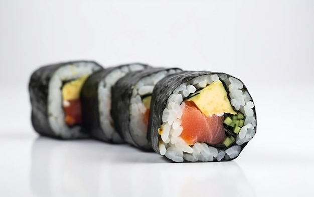 Un sushi con sopra salmone e avocado