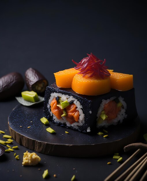 Un sushi con sopra un rotolo di sushi