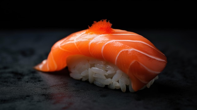 Un sushi con sopra un salmone