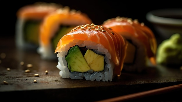 Un sushi su un vassoio con sopra la parola avocado