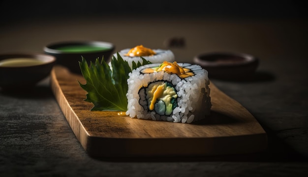 Un sushi su una tavola di legno con una foglia verde