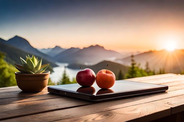 Un tablet con vista sulle montagne e un tramonto