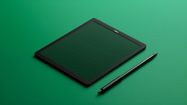 Un tablet e una penna a colori contrastanti poggiano tranquillamente su una superficie verde vivace