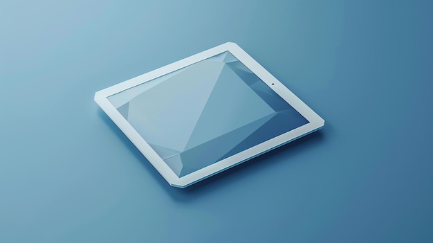 Un tablet elegante e elegante si trova su uno sfondo blu Il tablet è bianco con uno schermo blu e una cornice d'argento