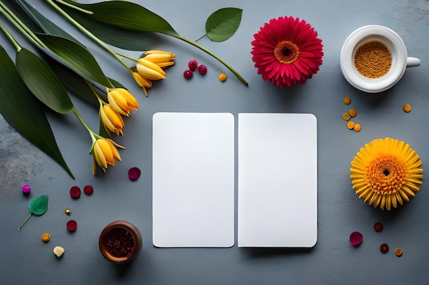 Un taccuino con un fiore rosso e una tazza di caffè su uno sfondo grigio.