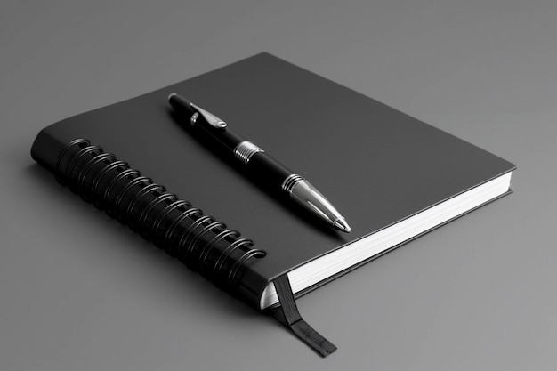 Un taccuino nero con sopra una penna e una penna in cima.