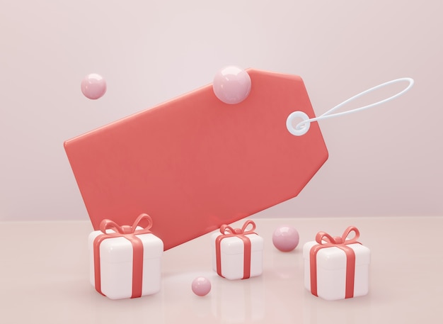 Un tag etichetta con regalo e sfere. rendering 3D.