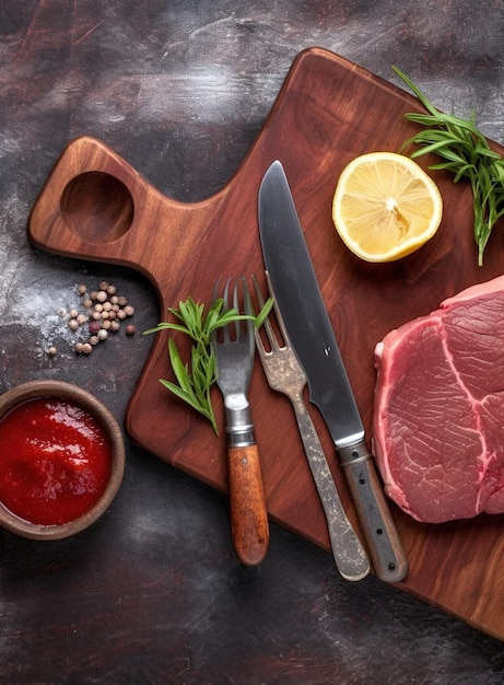 Un tagliere con coltello e forchetta accanto a un pezzo di carne.