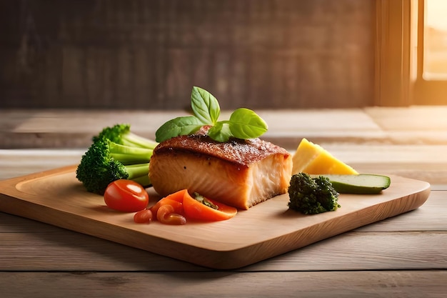 Un tagliere con sopra del cibo tra cui salmone, broccoli, formaggio e verdure.