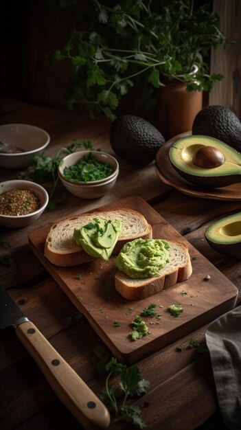 Un tagliere di legno con avocado e una fetta di pane con avocado sopra.