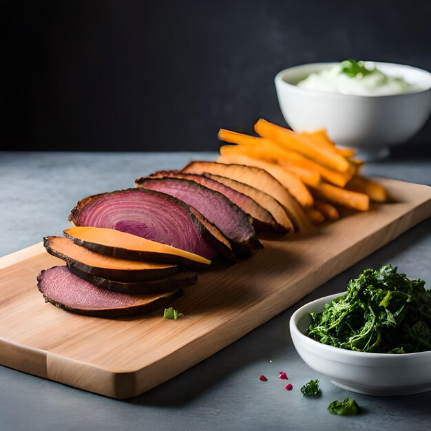 Un tagliere di legno con carne affettata e verdure sopra.