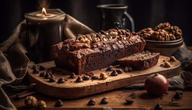 Un tagliere di legno con dietro una pagnotta di pane al cioccolato e una candela.