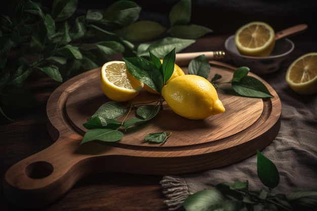 Un tagliere di legno con limoni e foglie sopra