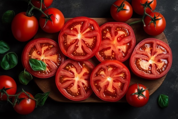 Un tagliere di legno con sopra dei pomodori