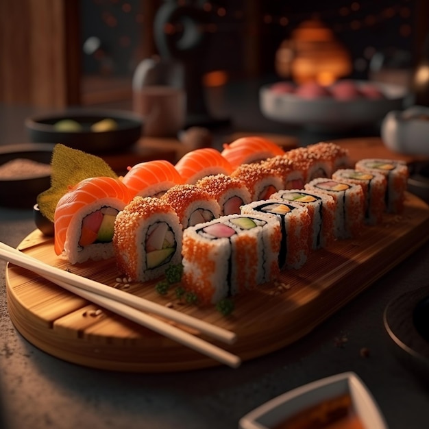 Un tagliere di legno con sopra del sushi