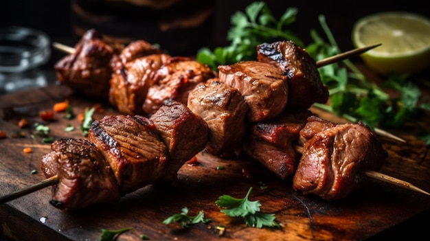 Un tagliere di legno con sopra della carne e un mazzetto di prezzemolo a lato.