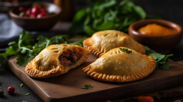 Un tagliere di legno con sopra delle empanadas