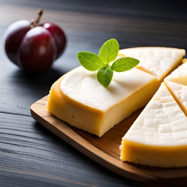 Un tagliere di legno con sopra un pezzo di formaggio con sopra una foglia.