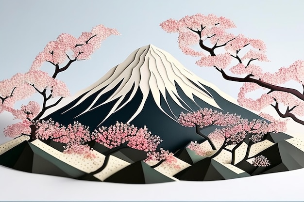 Un taglio di carta del monte fuji con fiori rosa in cima.